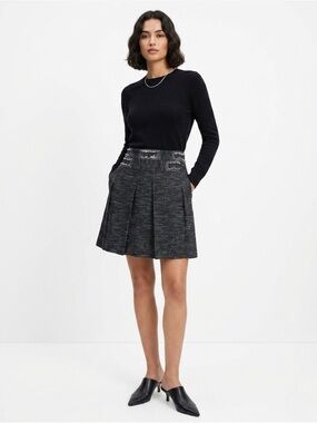 Escada Sport Tweed Pleated Skirt Black White Fringe Trim A-Line Mini Sz 40 or 10